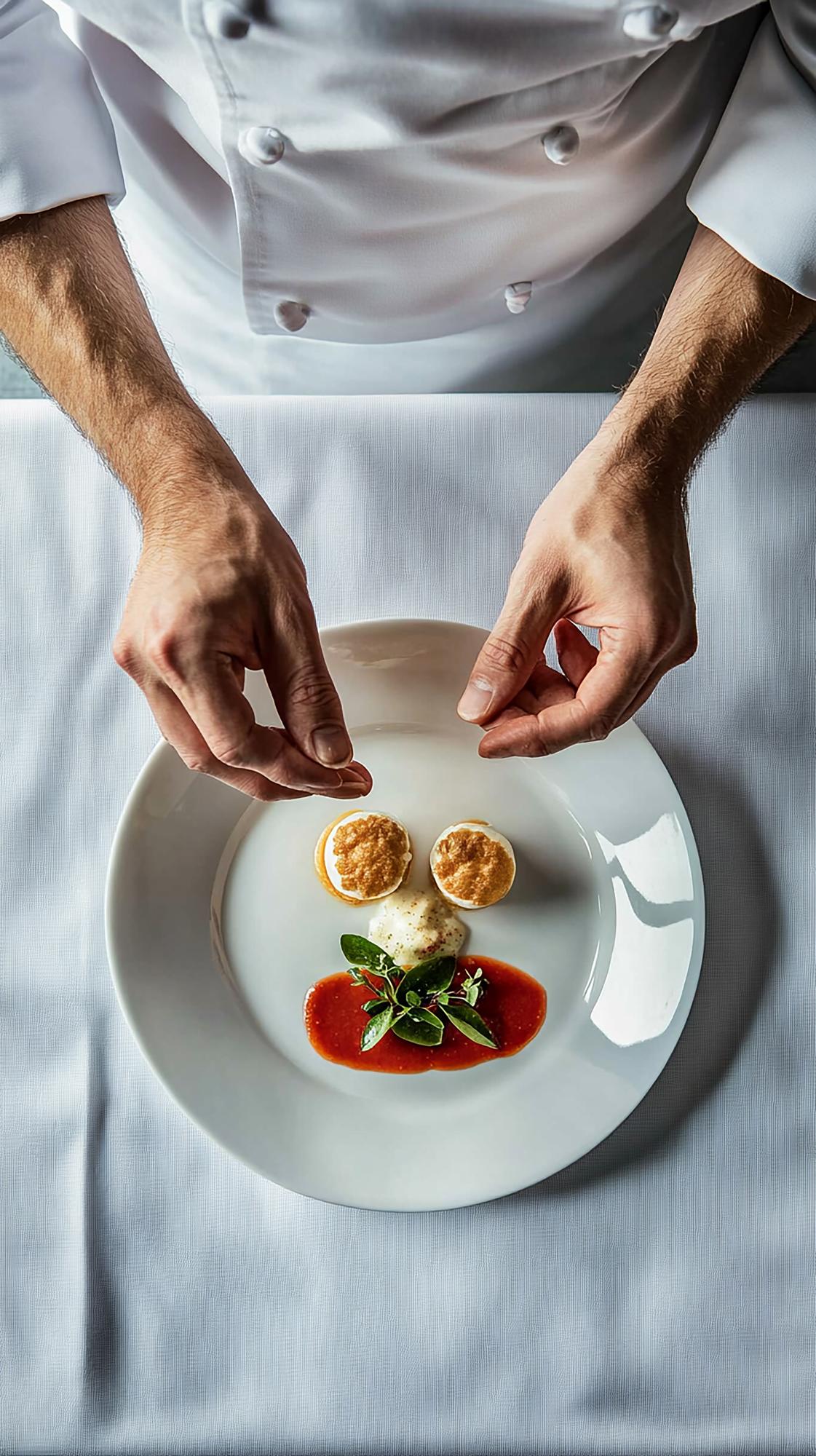 Chef che prepara un piatto elegante in cucina moderna